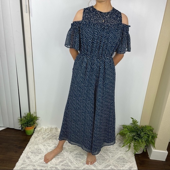 ZARA Sz S JUMPSUIT NAVY/WHITE FLOWING LONG POLKA DOT - Picture 5 of 15